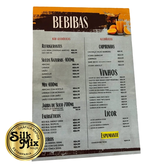 Menu impresso para estabelecimentos gastronômicos
